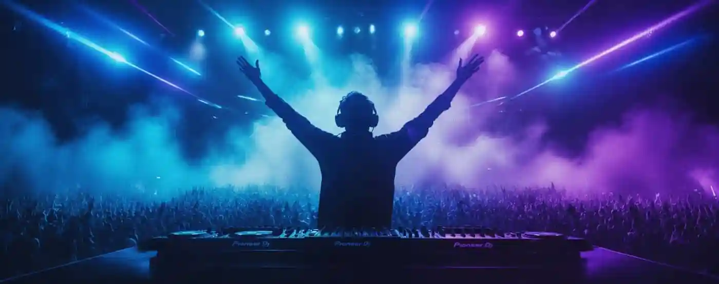 Music producer working in a modern blue-lit recording studio