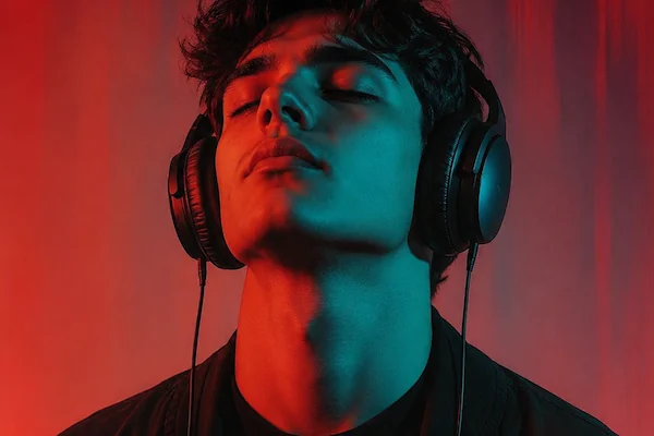 Vocalist recording inside a professional red-lit studio booth