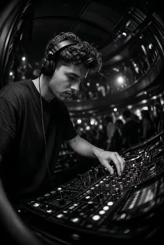 A DJ mixing on club CDJs, shot in black and white