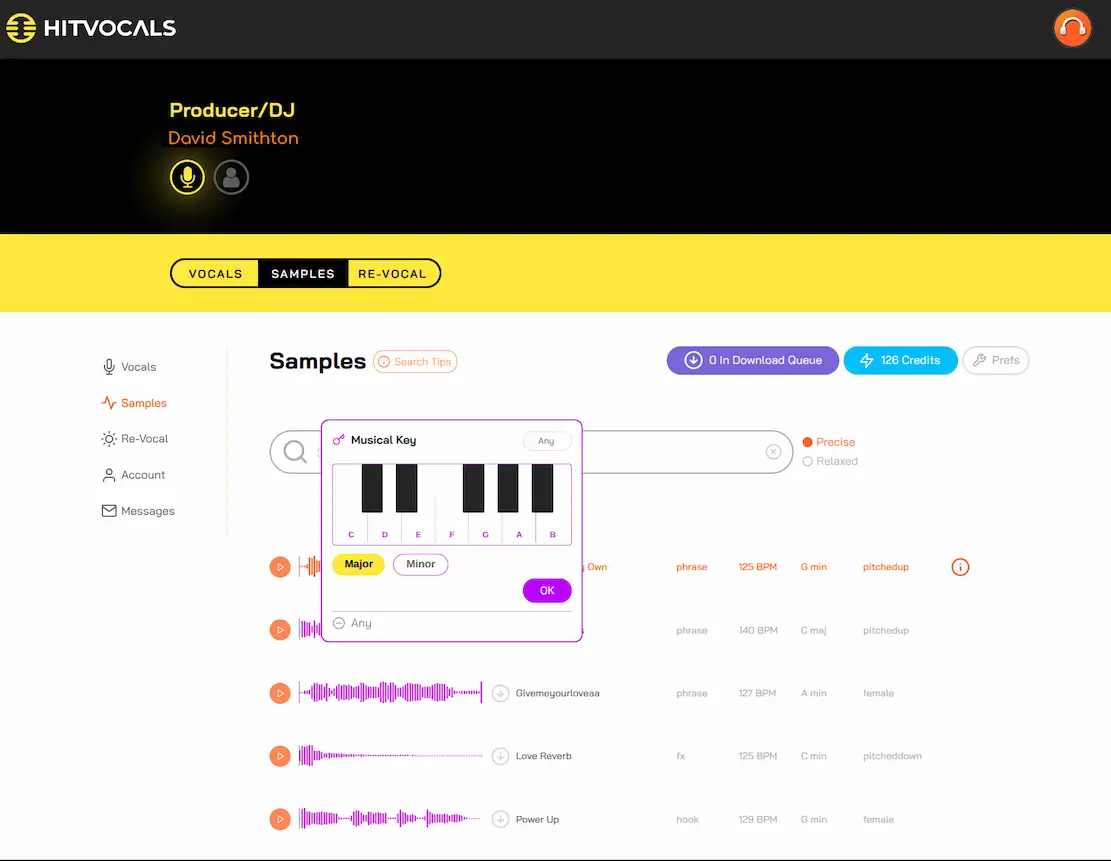The HitVocals Samples tab, showing the search bar, musical key picker and a list of samples with waveforms, tempo, key and tone
