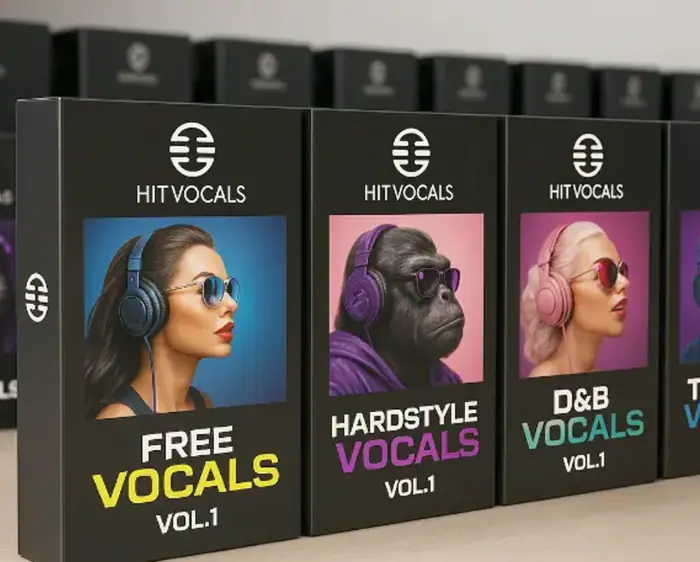 A row of HitVocals vocal sample packs shown as boxed covers